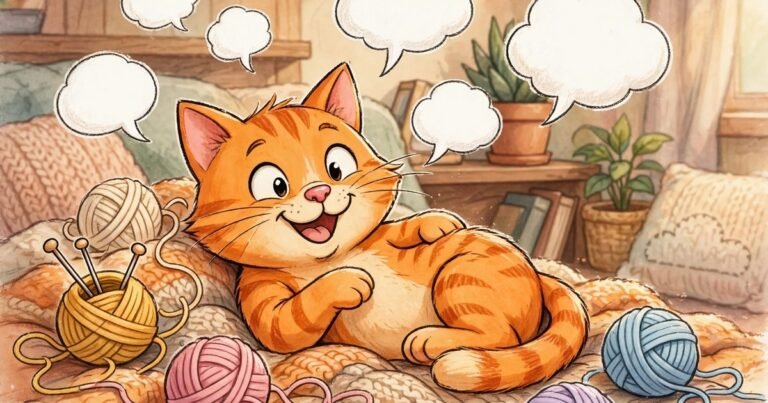 Cheerful cartoon orange cat lounging with a playful grin surrounded by yarn balls and floating empty speech bubbles