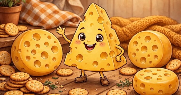 Cheerful cartoon cheese wedge character with a big smile surrounded by floating cheese wheels and crackers on a warm background