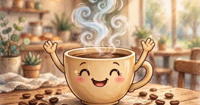Cheerful cartoon illustration of a smiling coffee cup character with swirling steam in a bright cozy cafe