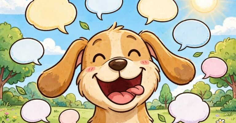 Cheerful cartoon dog with floppy ears laughing happily beside floating empty speech bubbles in a sunny park