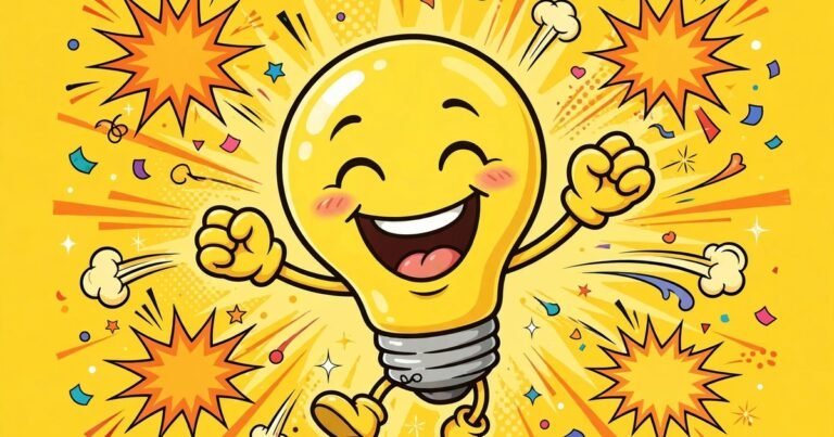 Cheerful cartoon lightbulb character laughing with comic-style burst shapes and confetti on a bright yellow background